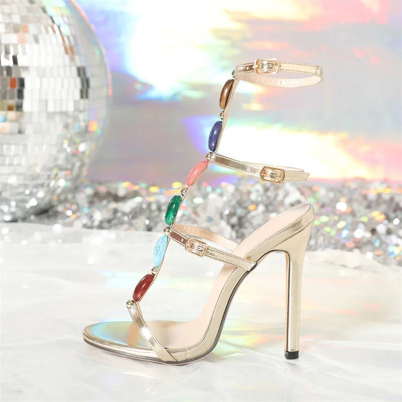 Liyke Bohemian Style Fashion Colour Gem Strap Designer High Heels Gladiator Sandals Women Summer Open Toe Wedding Banquet Shoes