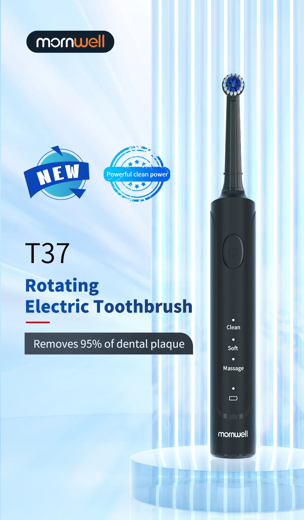 Mornwell T37 Electric Toothbrush Rotation Clean Teeth Adult Teeth Brush Electric Tooth Brush With 4 Extra Replacement Heads