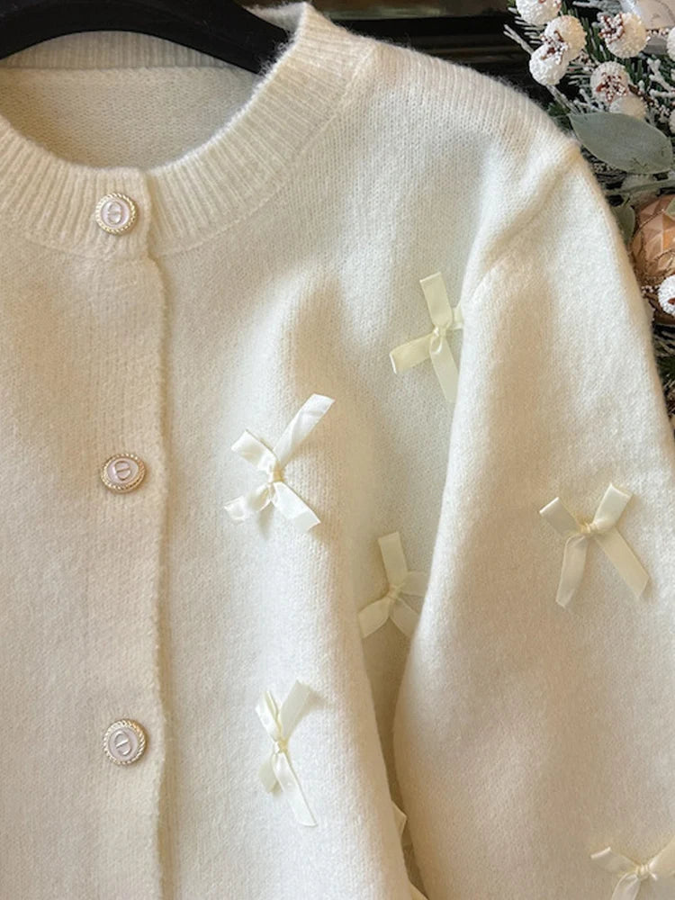 MSCSZ 2024 Autumn Grey Knitted Cardigan Sweater With Bows O-Neck Single Breasted Elegant Women Jackets Knit Cropped Coat