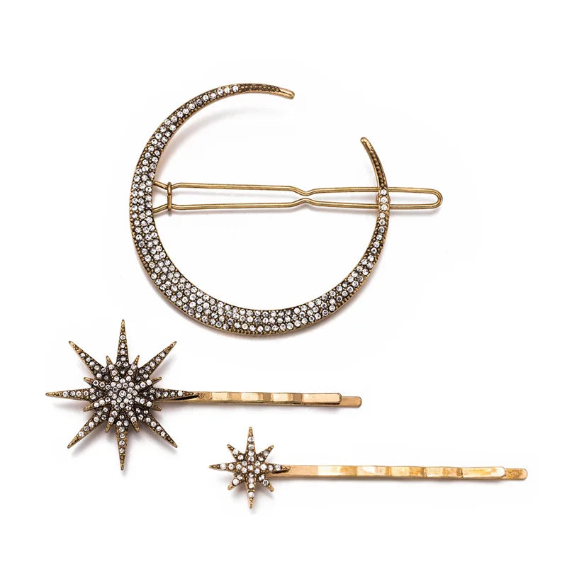 New Geometric Stars Moon Rhinestone Hair Clip Set Snowflake Star Bride Hairpins Women Side Clip Hair Barrettes Hair Jewelry Gift