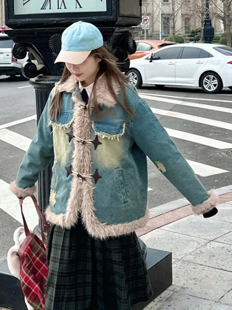 Turn-down Collar Jackets Women Warm Thickened Furry Design Wind-proof Korean Fashion Winter Casual Denim Outwear All-match Chic