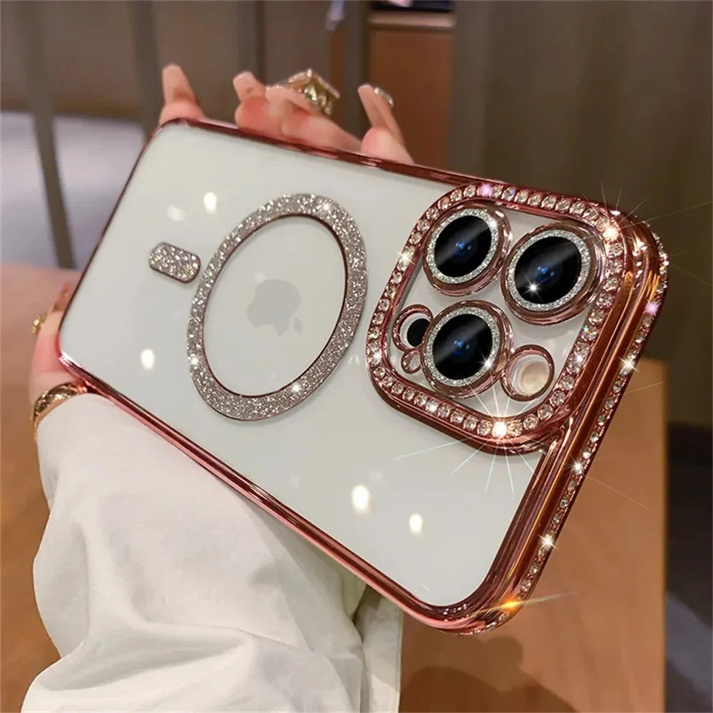2024 New Fashion Glitter Diamond Transparent Case For iPhone 16 15 14 Plus 13 12 11 Pro Max Magnetic Wireless Charge Back Cover