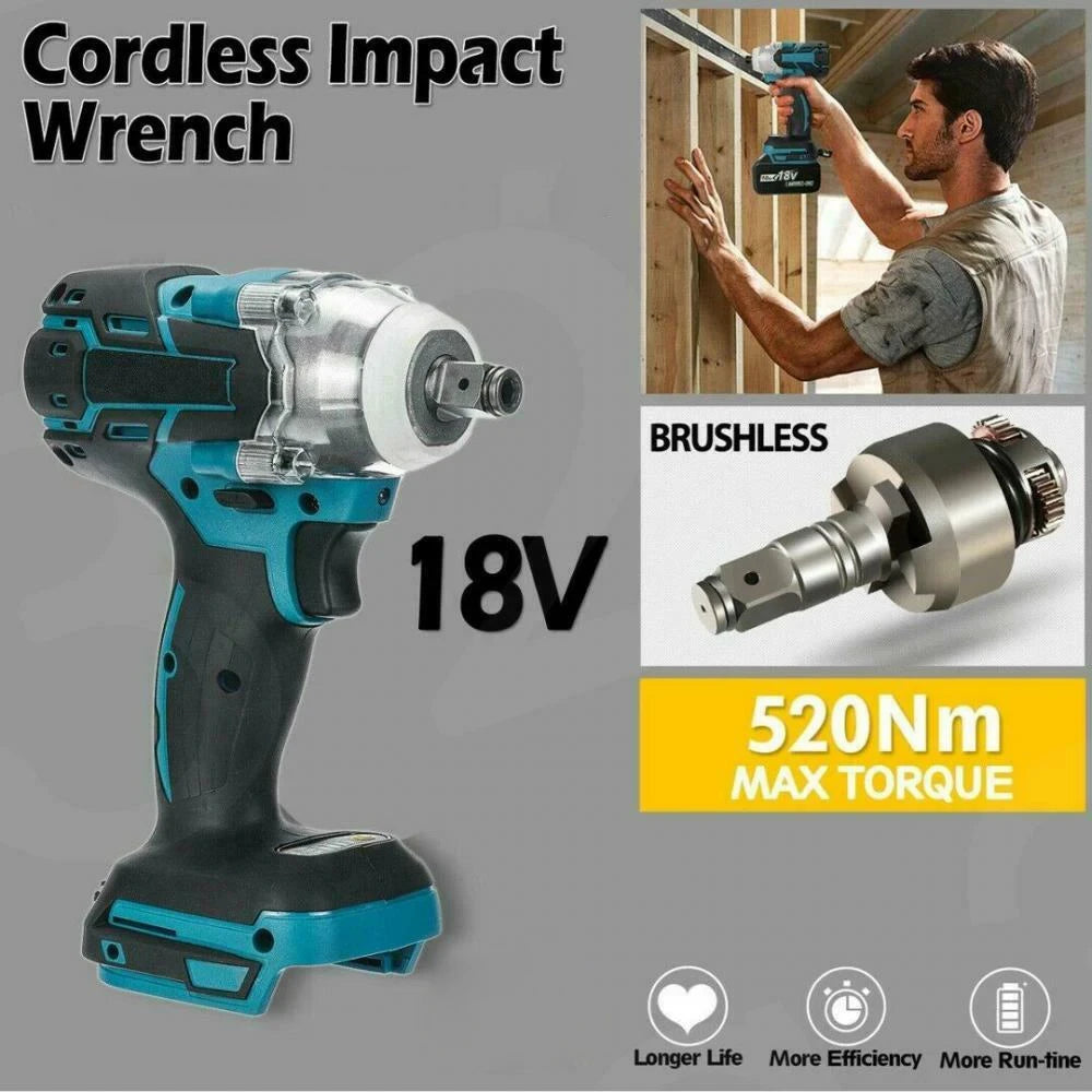 520Nm Brushless Electric Impact Wrench 18V Rechargeable Wrench Power Tool Compatible for Makita Battery 1/2 Inch Head Power Tool