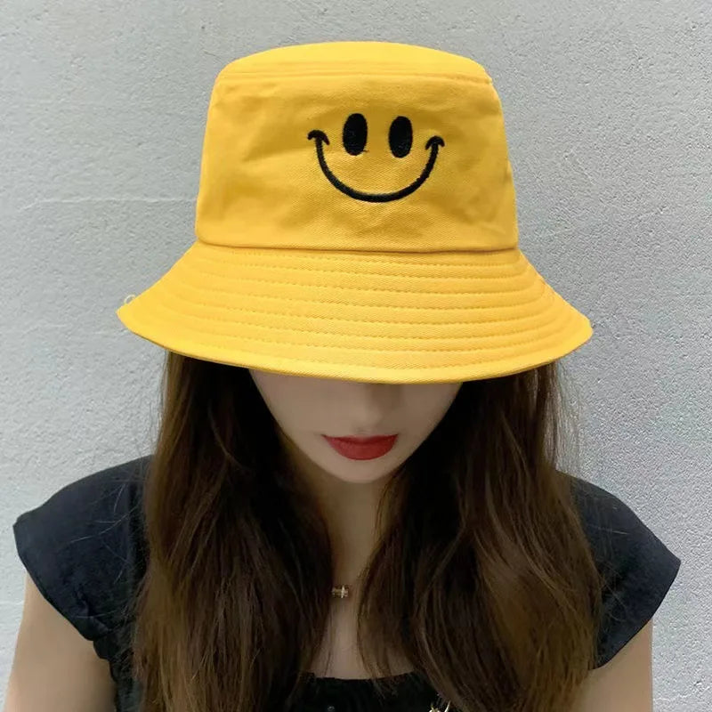 Unisex Bucket Hat Smile Embroidery Women Cotton Corduroy Double-Sided Bob Hip Hop Hat Four Season Panama Beach Fishing Sun Caps