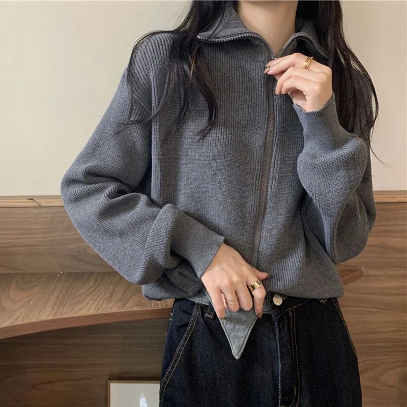 Korean Fashion Zipper Up Cardigan Women Autumn Winter Knitted Turtleneck Sweater Woman 2024 Solid Color Cropped Cardigans Female