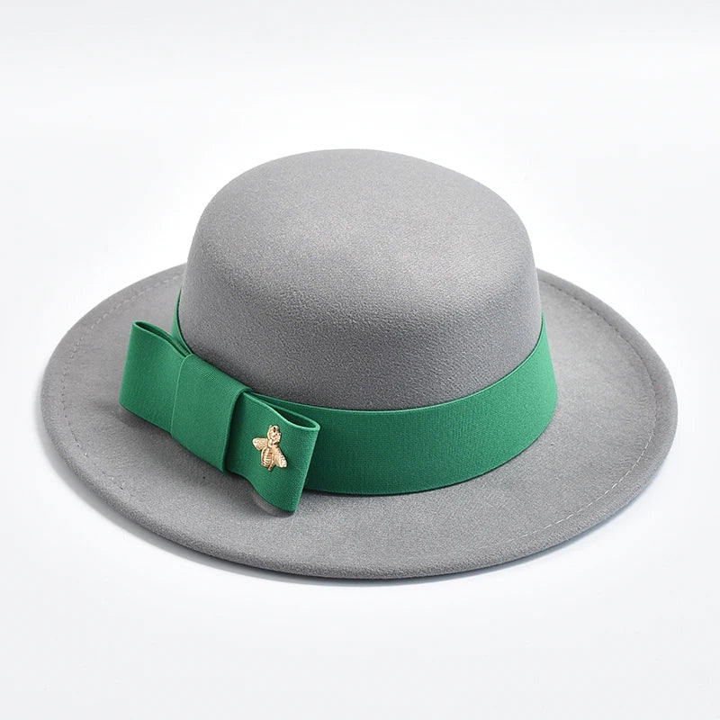New Fedora Hat for Women Elegant Fashion Formal Wedding Decorate Church Cap Flat Top Bow Party Jazz Hat Chapeau Femme