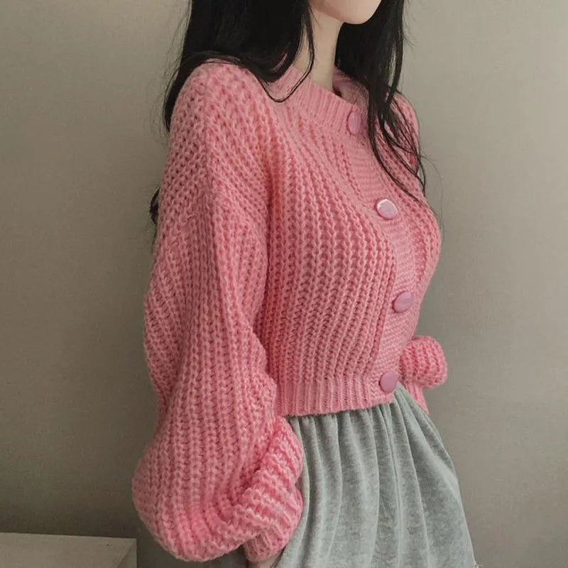 2024 Fall Winter Short Knitted Cardigan Women Thicken Warm Single-Breasted Sweater Female Solid O-Neck Long Sleeve Knitwear Coat