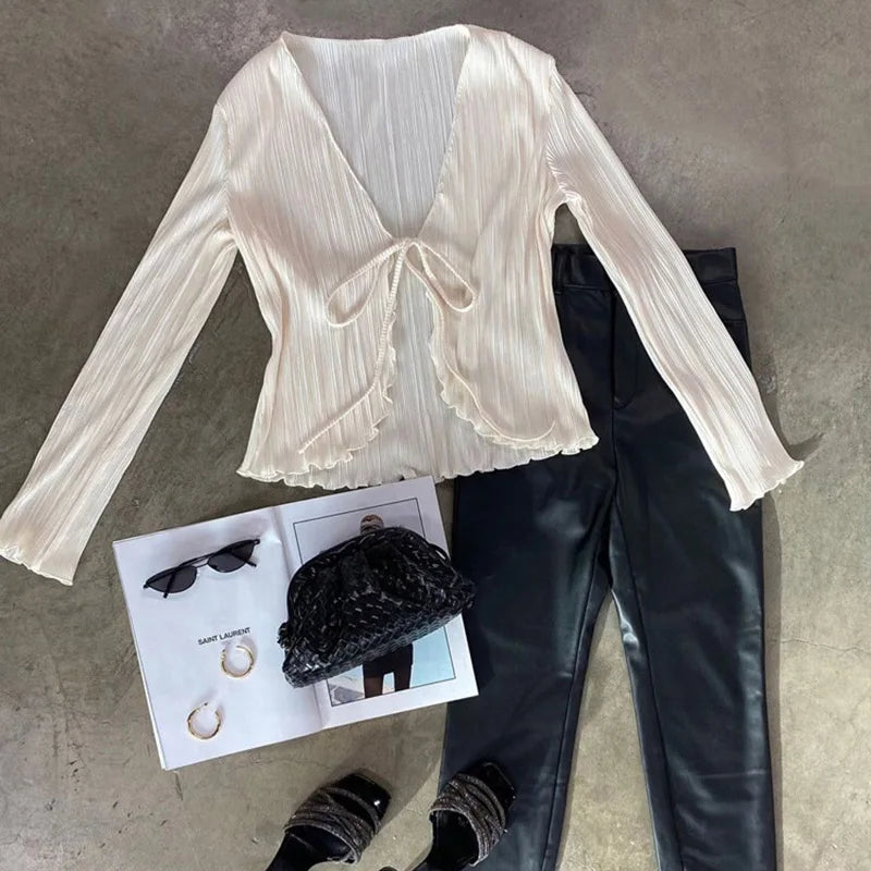 Women Pleated Plain Shirts Spring Fall Chic Long Flare Sleeve V- Neck Tie Up Cardigans Tops for Casual Party Street