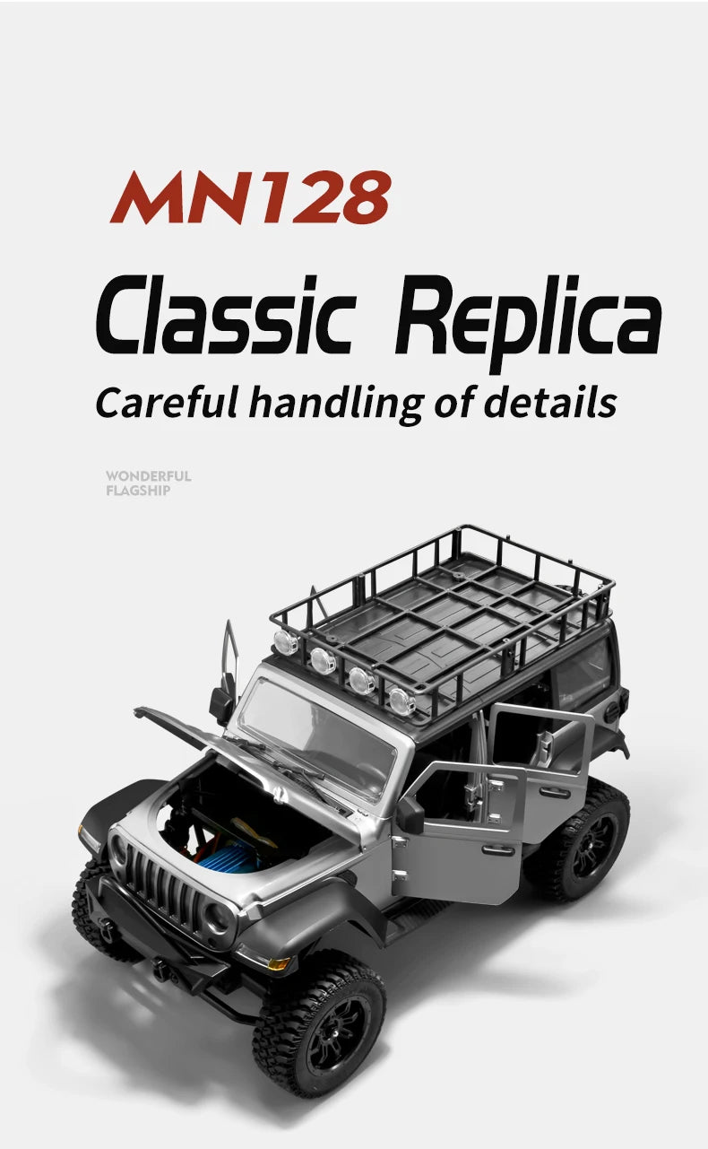 RC Crawler 4x4 Car MN128 2.4G Climbing Buggy Professional with LED Light Full Scale Remote Control Cars Toys for Boys Gift