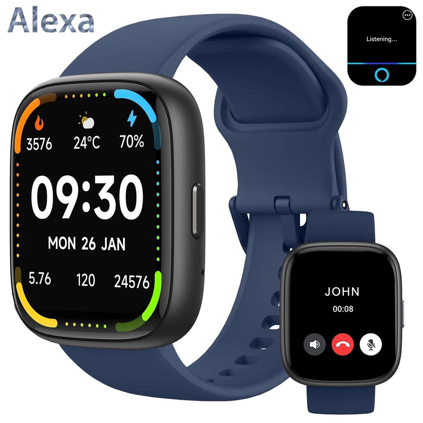 Alexa Smart watch, wireless calling /dial, calling reminder and rejection, SMS reminder, Custom Wallpaper,for iPhone/Andriod