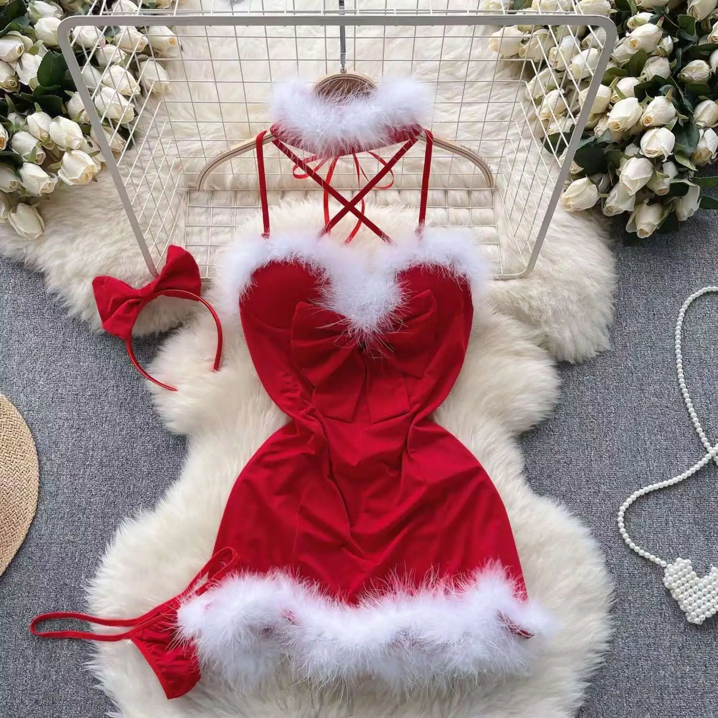 Christmas Sexy Night Dress Hotsweet Women's Dress Plush Splice Slim Bodycone Red Dress Cross Strap Halter Neck Party Short Dress