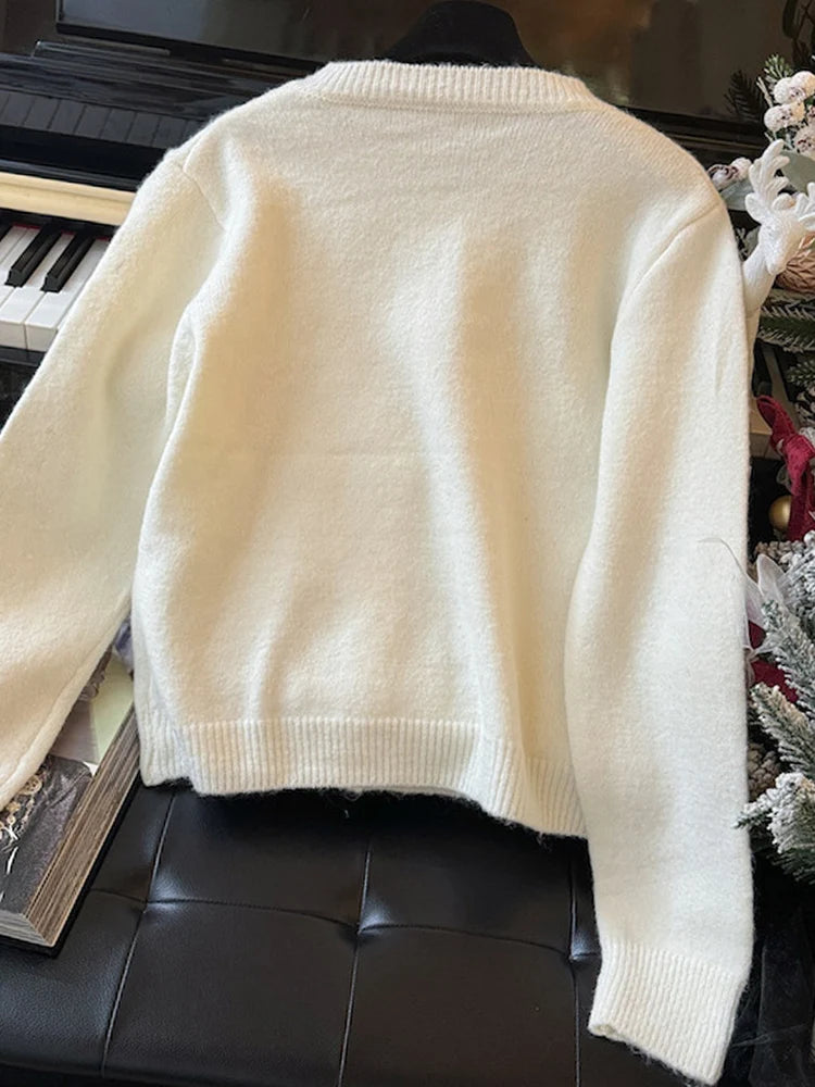 MSCSZ 2024 Autumn Grey Knitted Cardigan Sweater With Bows O-Neck Single Breasted Elegant Women Jackets Knit Cropped Coat