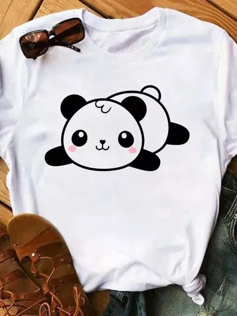 Maycaur Summer Women T Shirt Loose Tops Cute Panda Heart Print Short Sleeve Female Loose Casual T-shirt Ladies Top Teeadad