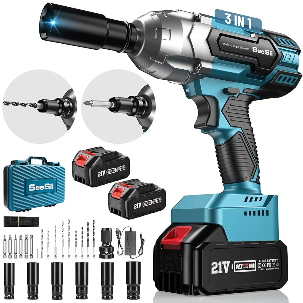SEESII Cordless Impact Wrench 650N.m Torque Brushless Electric Wrench Power Tools with Sockets Screws Drill for Car Home WH700
