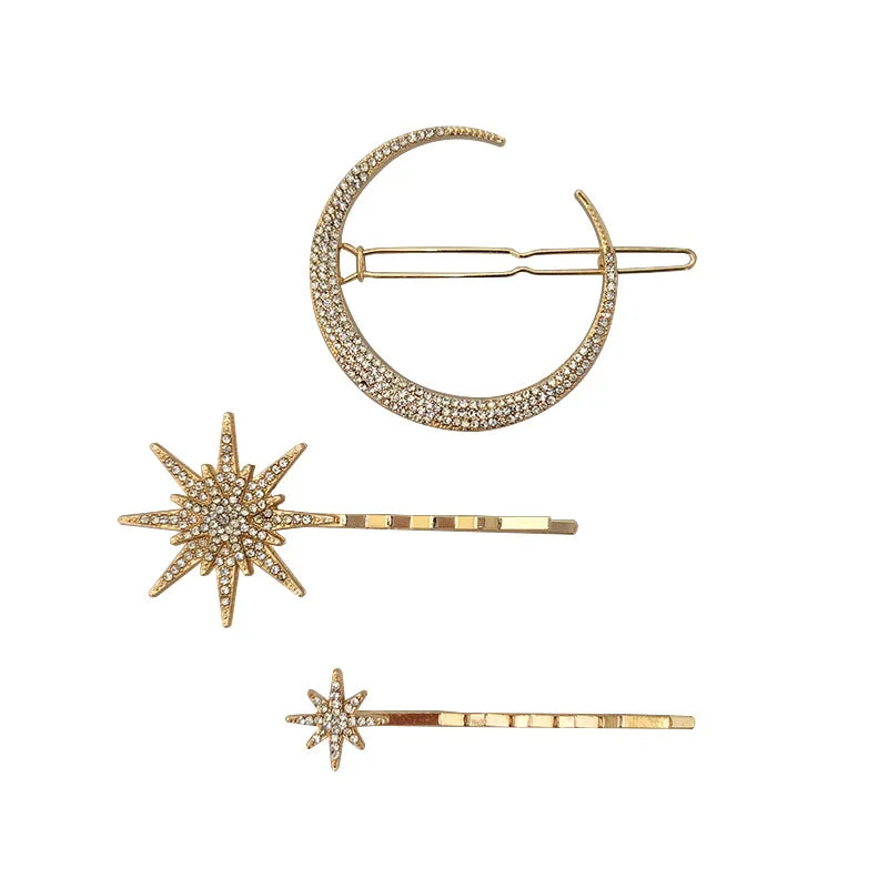 New Geometric Stars Moon Rhinestone Hair Clip Set Snowflake Star Bride Hairpins Women Side Clip Hair Barrettes Hair Jewelry Gift