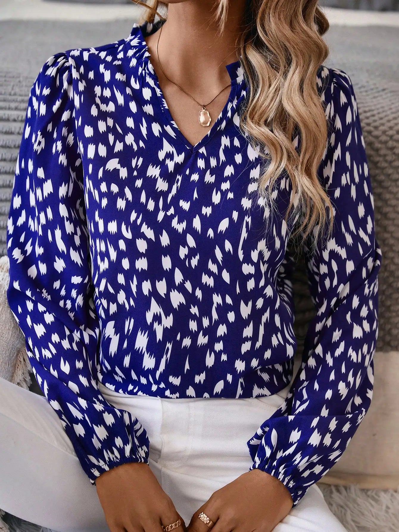 Elegant casual women's shirt notched V-neck long sleeve full printed casual fashion women's shirt