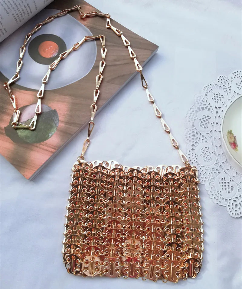 luxury Women Bags Designer Metal Sequins Chain Woven Bag Hollow Evening Bags Clutch Female Travel Holiday Shoulder Bag Handbag