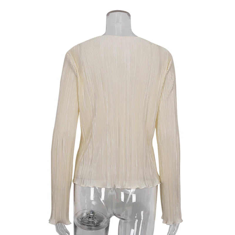 Women Pleated Plain Shirts Spring Fall Chic Long Flare Sleeve V- Neck Tie Up Cardigans Tops for Casual Party Street