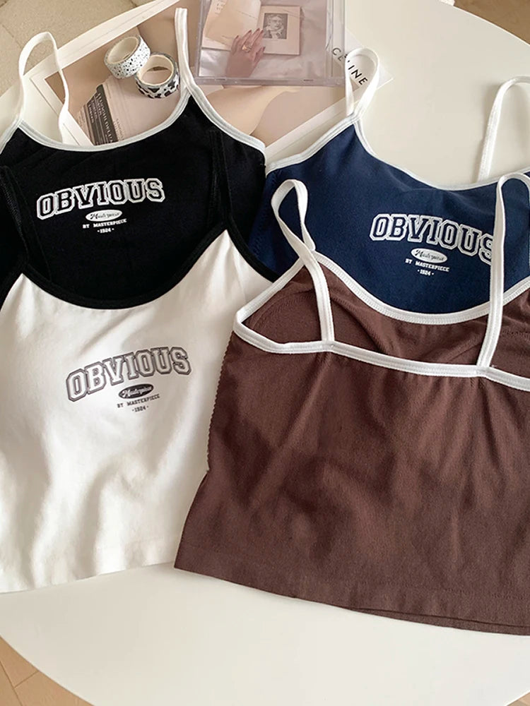 ITOOLIN Women Crop Tops With Padded Bra O-neck Letter Printing Solid Crop Tops Summer Tops Spaghetti Camisole 2023