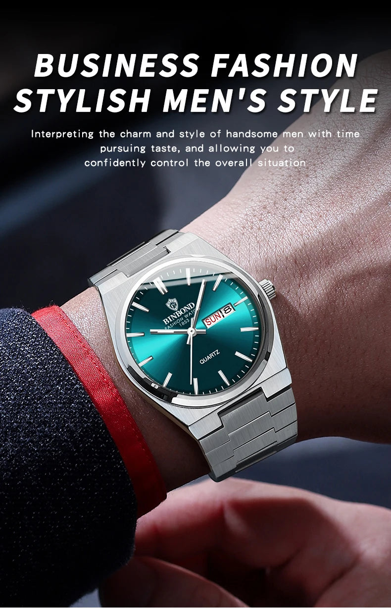 BINBOND Fashion New Men Business Watch Leisure Quartz Stainless Steel Buckle Watches Waterproof Luminous Calendar Men's Watches
