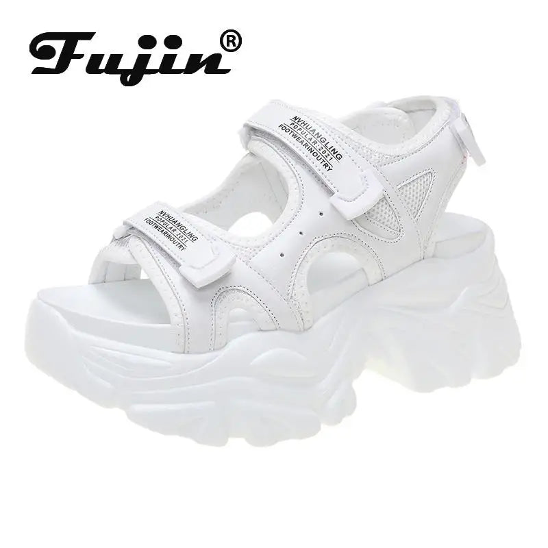 Fujin 8cm Women Sandals Platform Thick Sole Chunky Shoes Platform Ins Casual Summer Shoes Sandals Beige Black Comfortable