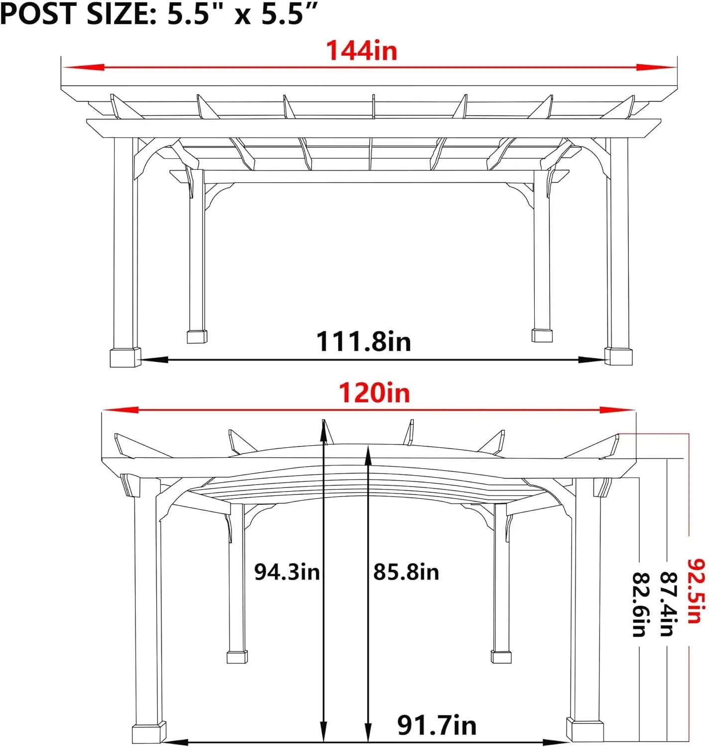10x12 FT Wooden Pergola, Cedar Wood Gazebo with Arched Roof, Outdoor Garden Shelter with Stakes Included