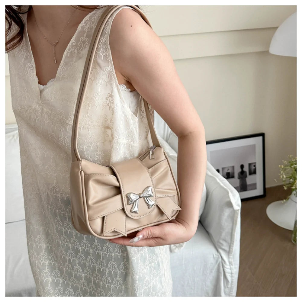 Korean Bow Pleated Shoulder Bag For Women 2024 Spring Summer New Armpit Bag Handbag