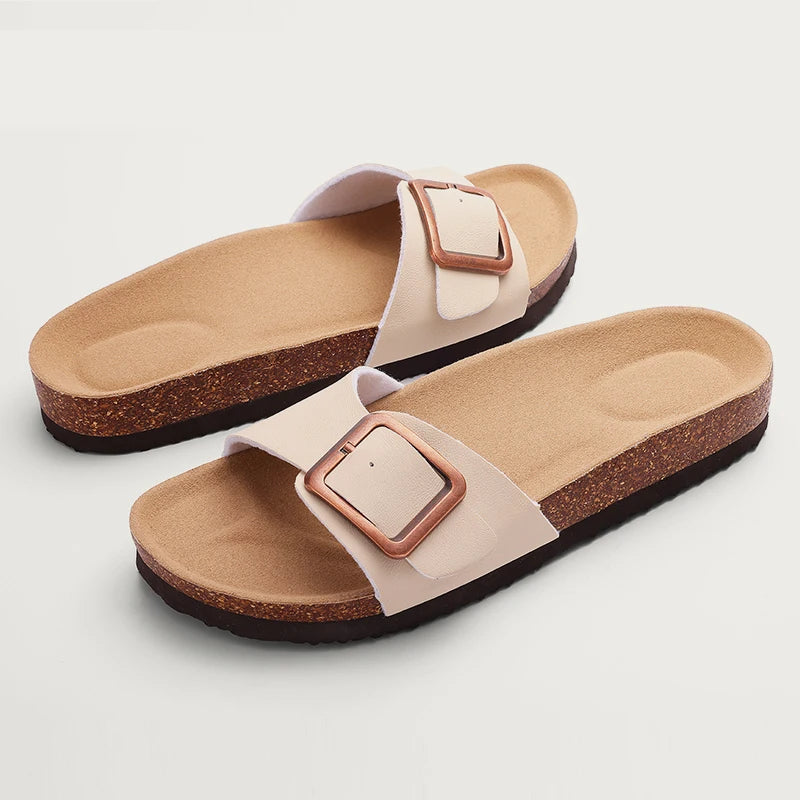 Kidmi Women Cork Suede Mules Slippers Outdoor Antiskid Beach Slippers Classic Cork Footbed Women Sandals With Adjustable Buckle