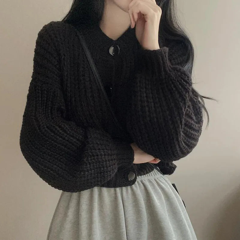 2024 Fall Winter Short Knitted Cardigan Women Thicken Warm Single-Breasted Sweater Female Solid O-Neck Long Sleeve Knitwear Coat