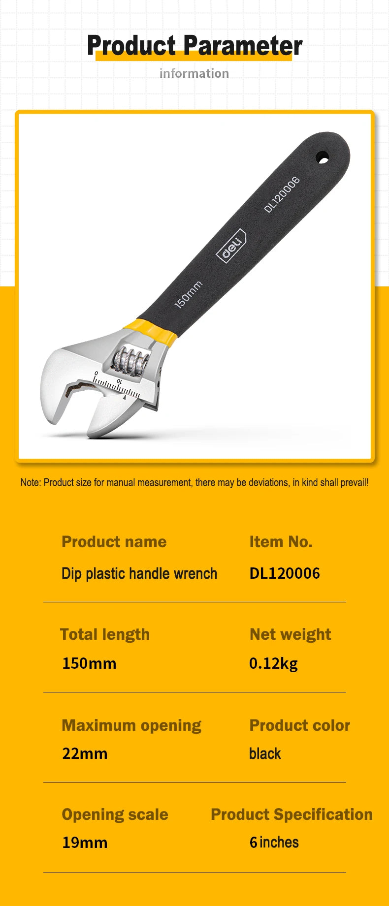 Deli Adjustable Spanner PVC Coated Handle Stainless Steel Universal Spanner Hand Tool 6 8 Inch Household Multifunctional Wrench