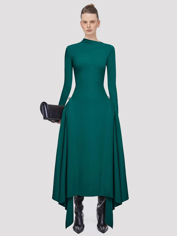 DEAT Elegant Dress Skew Collar Long Sleeves Waist Retraction Solid Color Asymmetric Hem Women's Dresses 2024 Autumn New 13DL7990