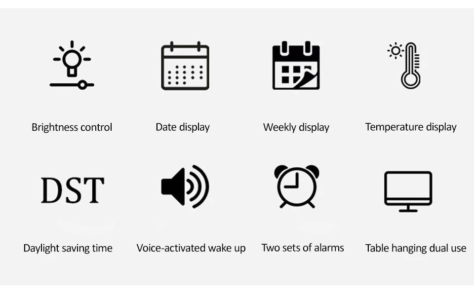 Voice Control Alarm Clock USB Powered LED Digital Clocks Temp Date Week Display 12/24H DST Brightness Adjustment 2-Alarms Clocks