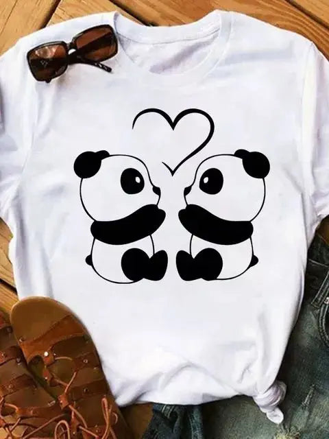 Maycaur Summer Women T Shirt Loose Tops Cute Panda Heart Print Short Sleeve Female Loose Casual T-shirt Ladies Top Teeadad