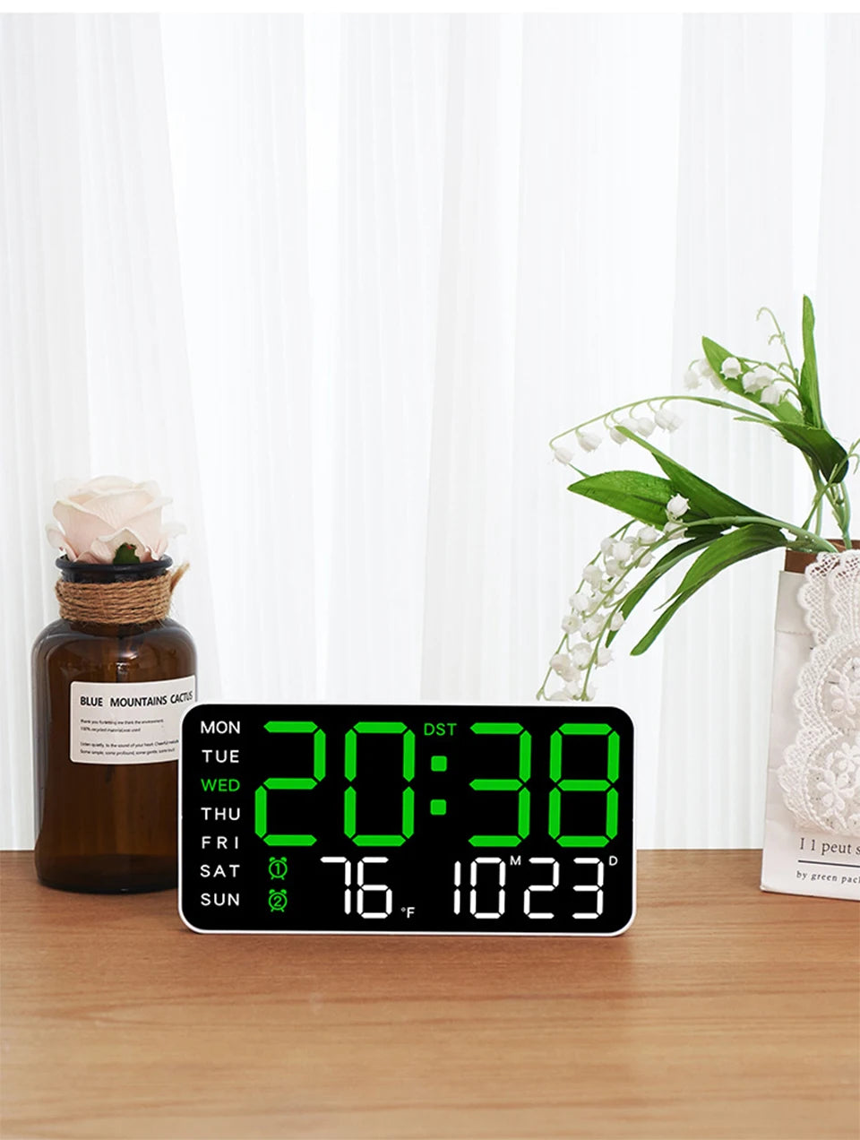 Voice Control Alarm Clock USB Powered LED Digital Clocks Temp Date Week Display 12/24H DST Brightness Adjustment 2-Alarms Clocks