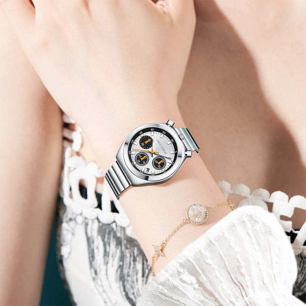 MINI FOCUS Elegant Multifunctional Watch for Women Fashion Waterproof Quartz Ladies Watches Steel Band Bull Head Wristwatch Gift