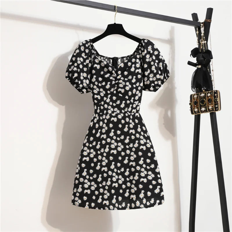 Women Chiffon Mini Dresses Summer Fashion Female Vestidos Skinny Print Floral Shirring Pleated Short Puffy Sleeve Casual Dress
