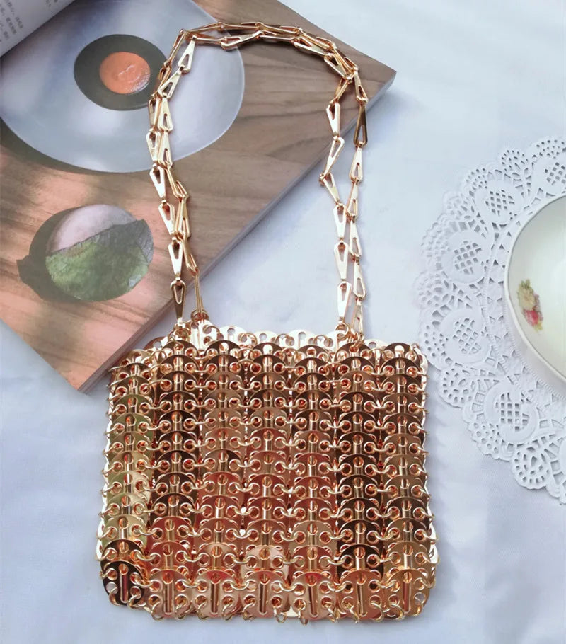 luxury Women Bags Designer Metal Sequins Chain Woven Bag Hollow Evening Bags Clutch Female Travel Holiday Shoulder Bag Handbag
