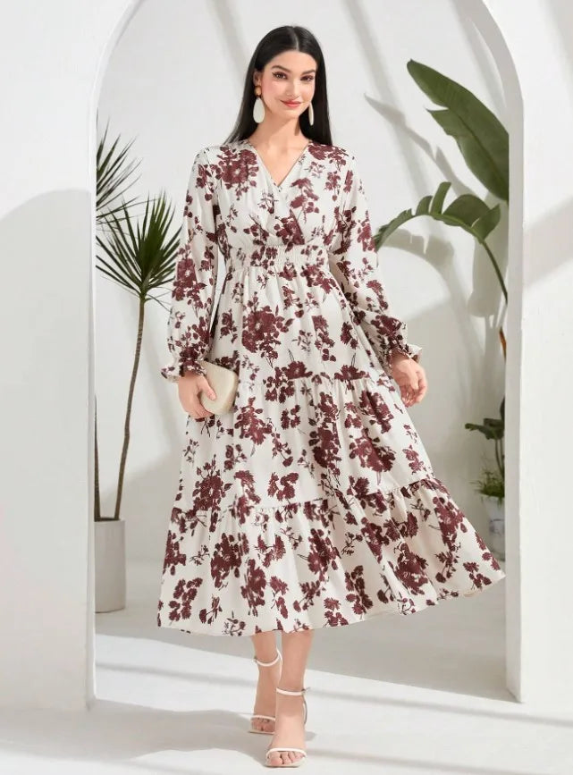Autumn Women's New Sexy V-neck Fashionable Printed Cake Long Sleeves Medium To Long Length Casual Comfortable Dress For Women