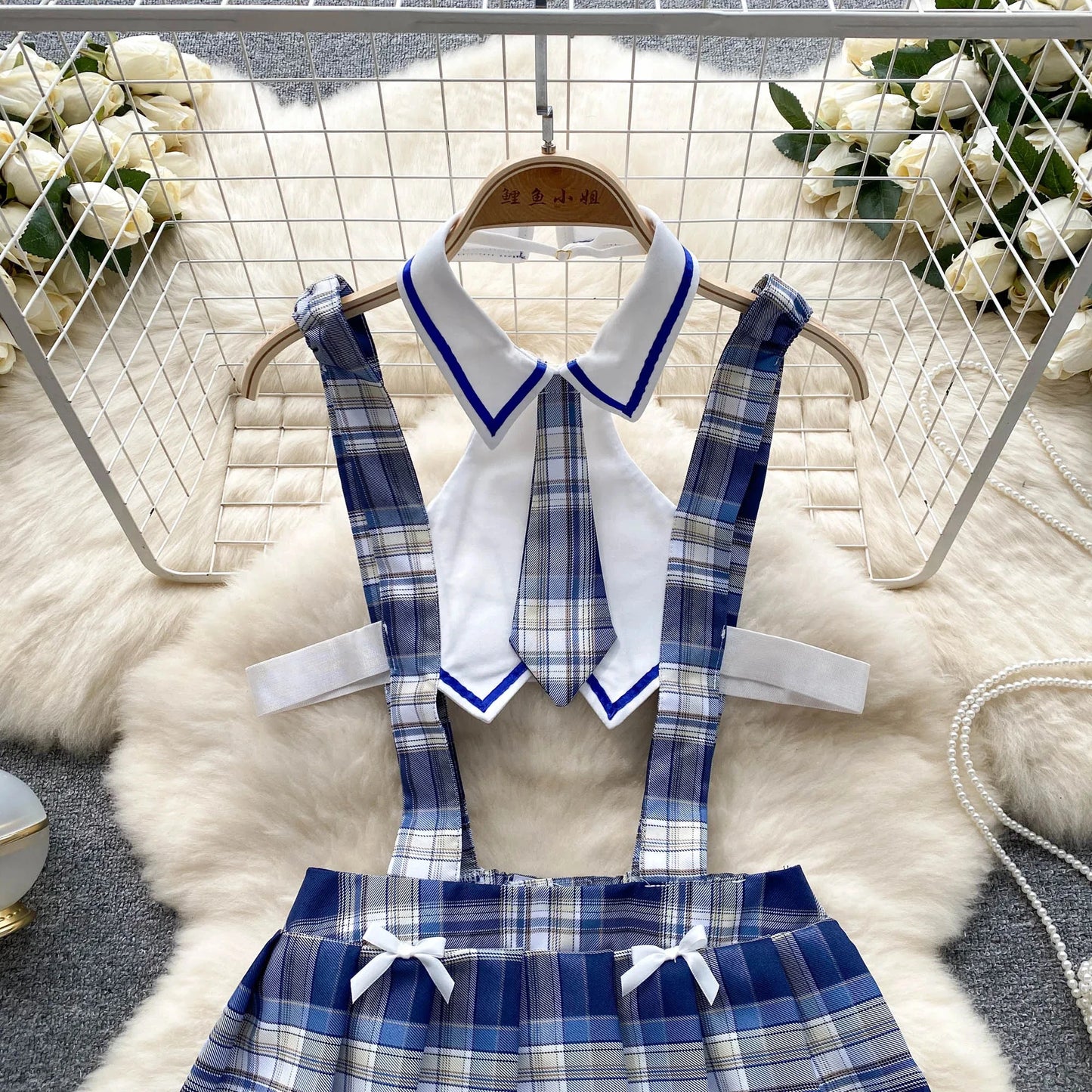 Girls Sexy Cute Japanese JK Uniform Mini Checkered Strap Skirt Off Shoulder High Waist Elastic Cosplay Dress Hot Sweet Pajama