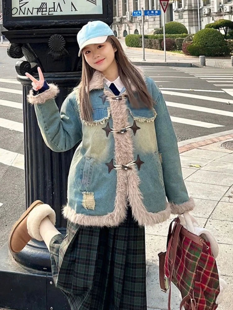 Turn-down Collar Jackets Women Warm Thickened Furry Design Wind-proof Korean Fashion Winter Casual Denim Outwear All-match Chic