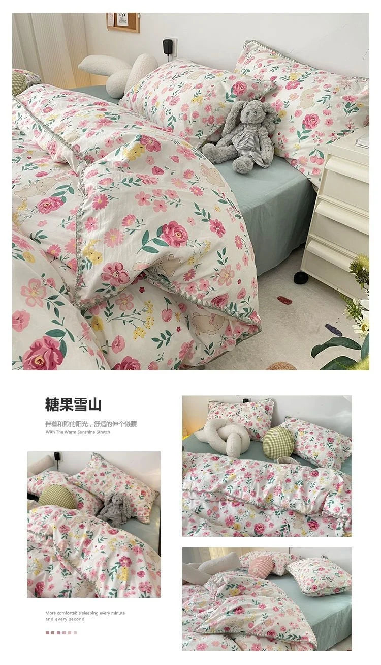 Bedding Set INS Girls Cherry Soft Washed Cotton Bed Sheet Queen King Size Duvet Set Comforter Set Pillowcase Bed Linens
