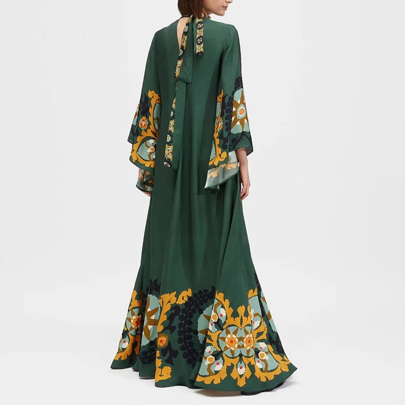 Ethnic Retro Spring Print Boho Long Dress Women Sexy Stand Collar Lace-up Party Dress Fall Long Sleeve Loose Ladies Maxi Dresses