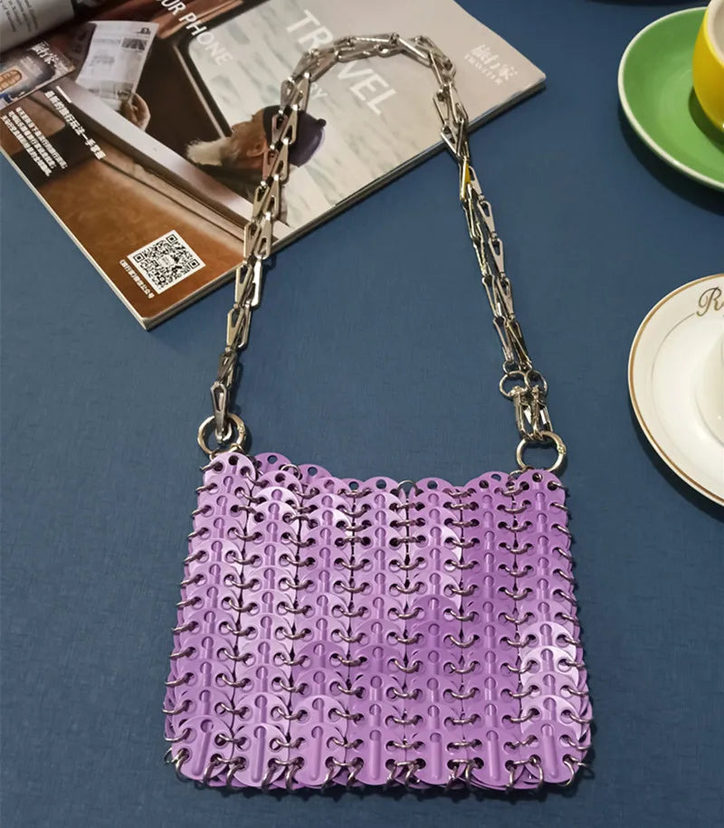 luxury Women Bags Designer Metal Sequins Chain Woven Bag Hollow Evening Bags Clutch Female Travel Holiday Shoulder Bag Handbag