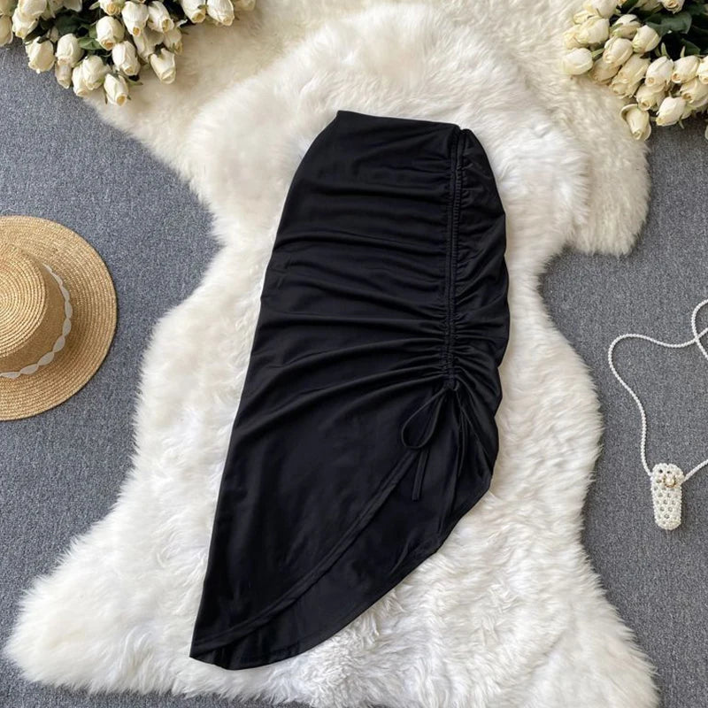 Sexy Draped Irregular Lace up Drawstring Folds Midi Skirt High Split Dress Women Clothes Office Lady Wrap Buttock Elegant Solid