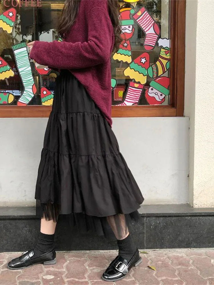 Long Tulle Midi Skirts Womens Autumn Elastic High Waist Mesh Tutu Pleated Skirts Female Black White Long Skirt Streetwear