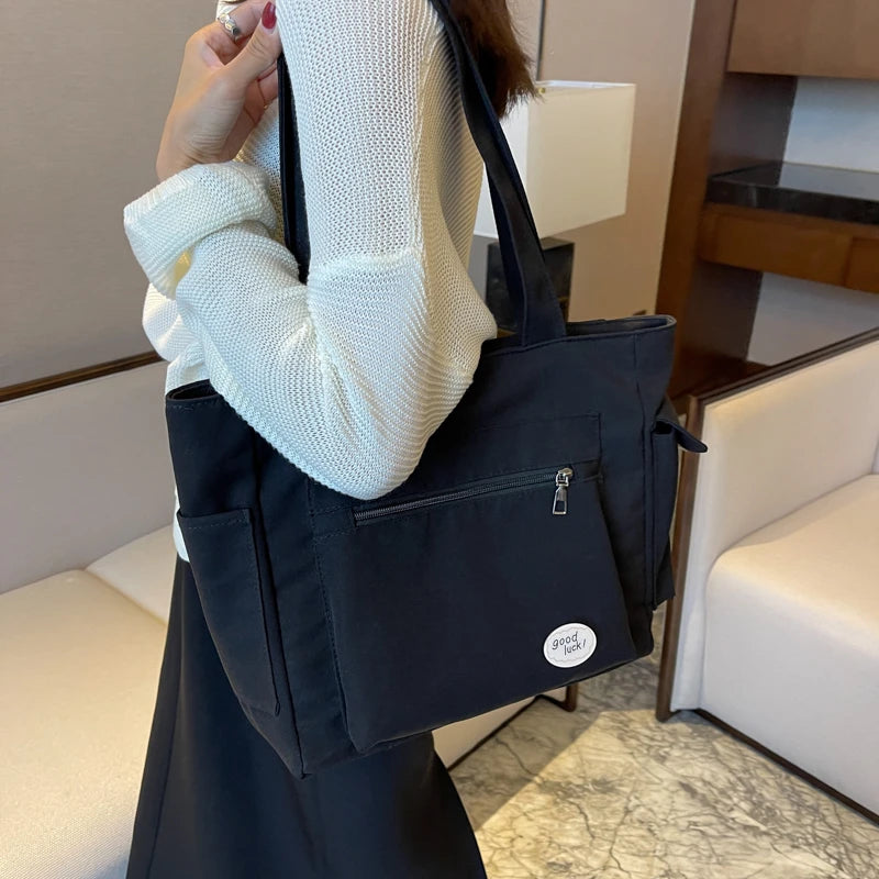 Lightweight Canvas Shoulder Bags For Women Ladies Handbags Multi Pockets Pure Color Travelling Shopper Totes