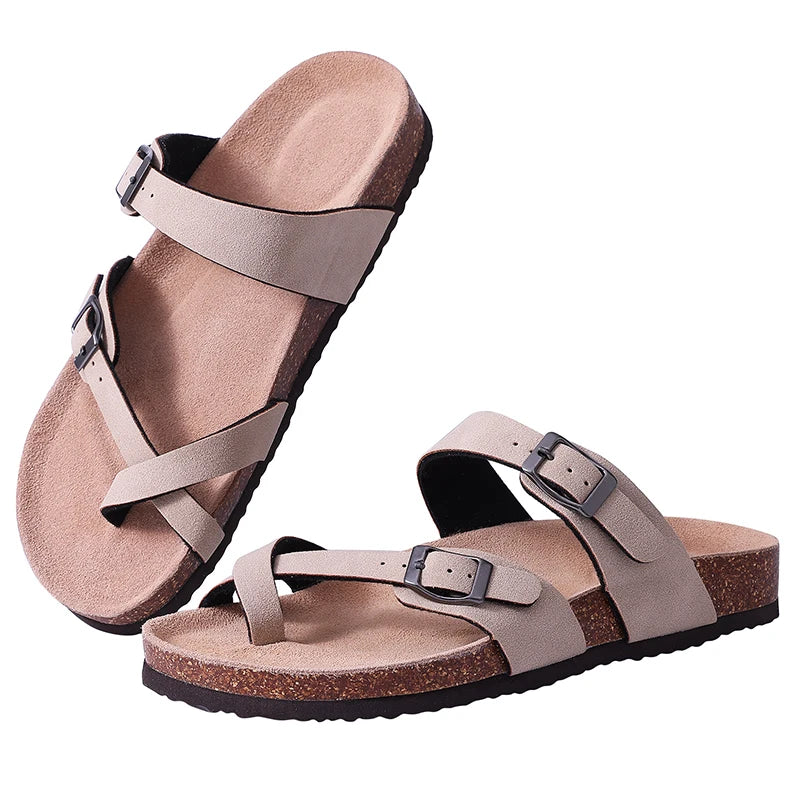 Kidmi Women Cork Suede Mules Slippers Outdoor Antiskid Beach Slippers Classic Cork Footbed Women Sandals With Adjustable Buckle