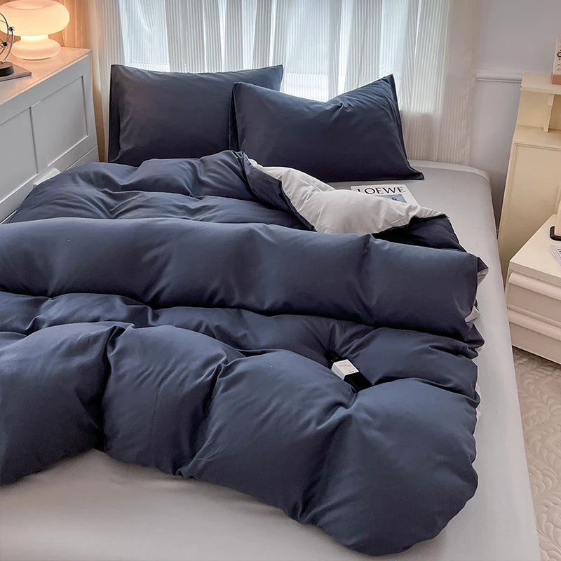 2-side Solid Color Brush Fabric Bed Set 4 Pieces Duvet Cover Pillowcase Bedding Set Bed Sheet Quilt Cover Single Queen King Size
