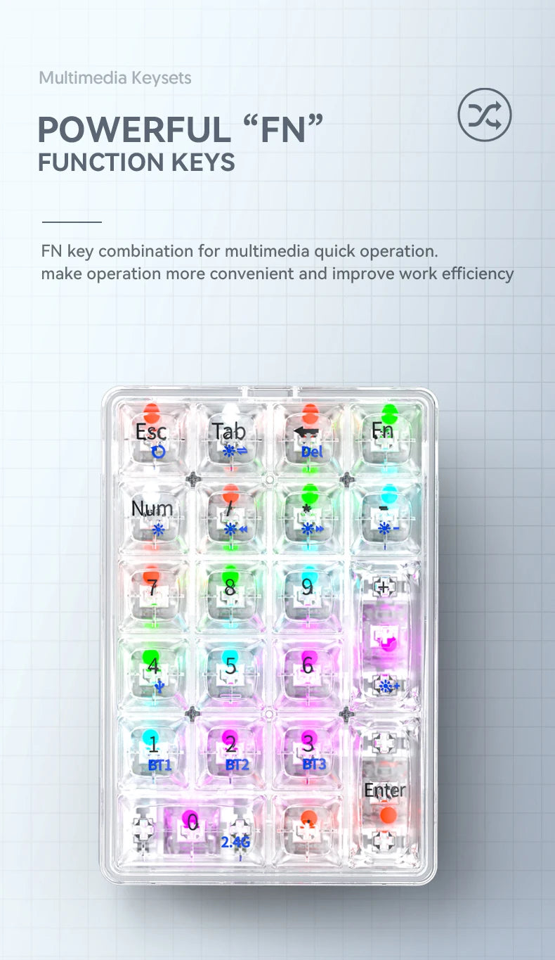 K21 21-Key Mechanical Keyboard, BT/2.4Ghz/USB-C Connection, Colourful Lighting, Full Key Hot-Swap for PC Laptops
