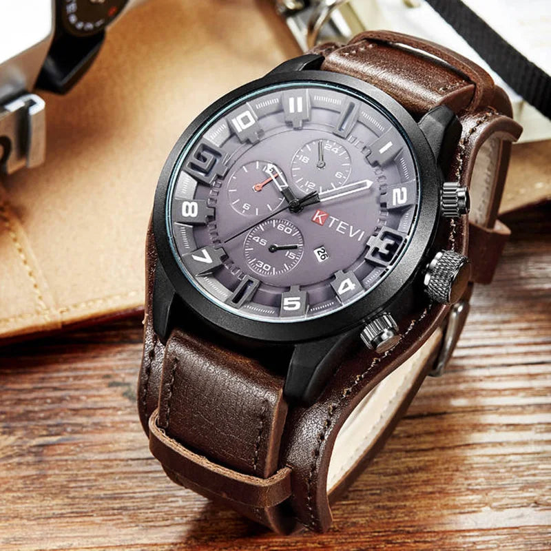 YIKAZE Luxury Business Men Quartz Watch Classic Retro Men's Watches Big Dial Leather Strap Date Military Wristwatch for Man